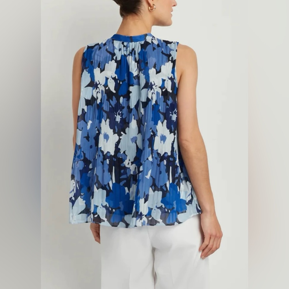 Ellen Tracy Floral Print Front Tie Pleated Sleeveless Blouse NWOT